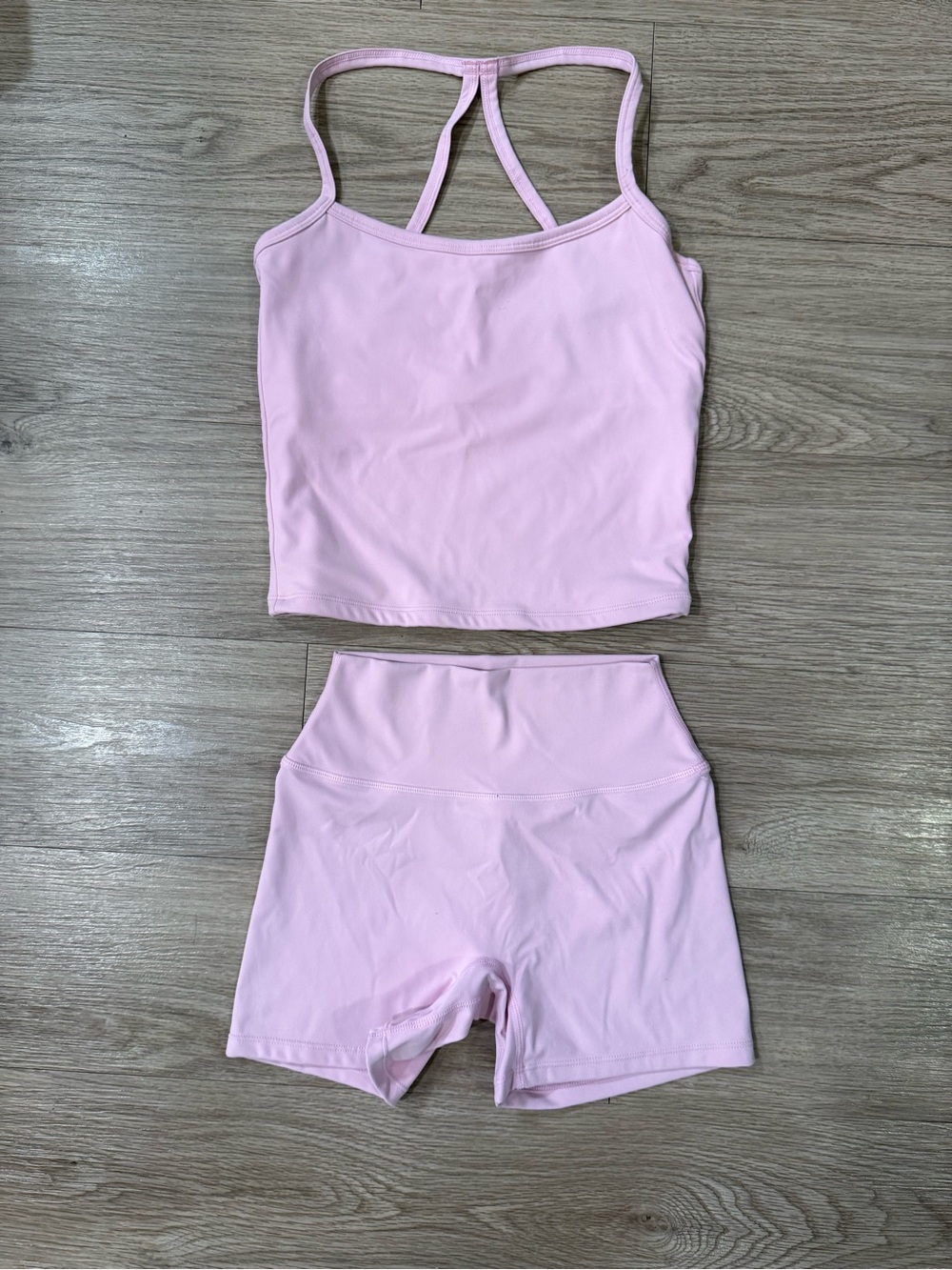 Amazon Light Pink Strappy Athletic Crop Top and High-Waist Shorts Set